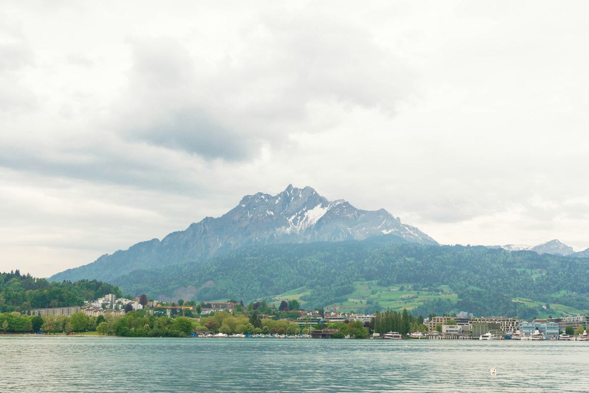 Mount Pilatus and lakeside scenery viewed across Lake Lucerne